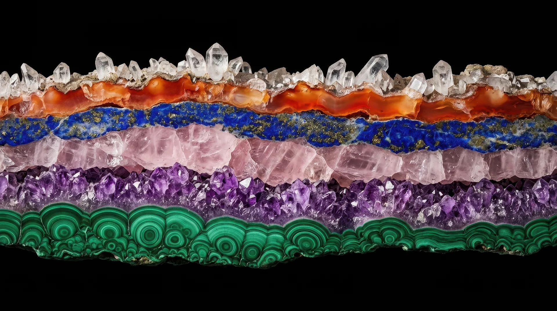 Minéraux bruts sur fond noir — améthyste, malachite, quartz rose