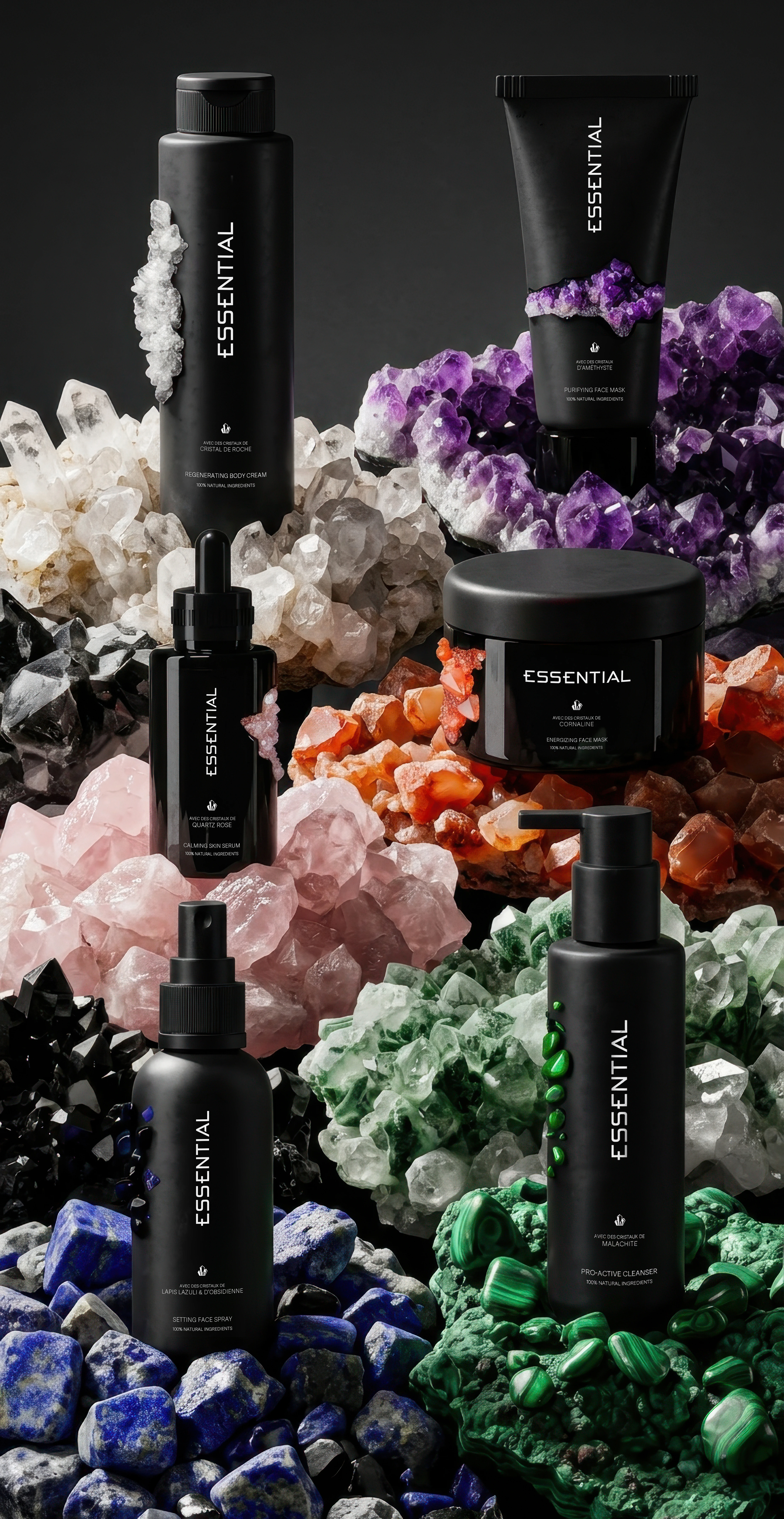 Packshots ESSENTIAL au milieu des minéraux